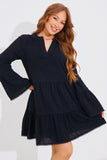 Trim Detail Tiered Long Sleeve Smock Dress