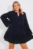 Trim Detail Tiered Long Sleeve Smock Dress