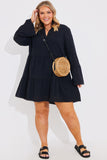 Trim Detail Tiered Long Sleeve Smock Dress