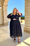 Lace Twist Front Puff Sleeve Midi Dress