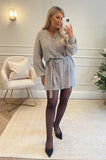Mocha Pearl Detail Cable Belted Jumper Dress