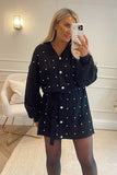 Black Pearl Detail Cable Belted Jumper Dress