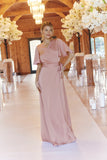Rose Pink Satin Wrap Tie Angel Sleeve Maxi Dress