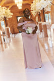 Rose Pink Satin Bardot Ruched Maxi Dress