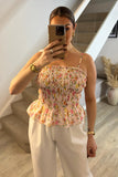 Pink Floral Print Shirred Strappy Cami Top