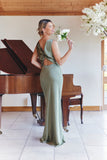 Olive Satin Twist Back Maxi Dress