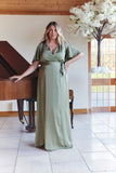 Olive Satin Wrap Tie Angel Sleeve Maxi Dress