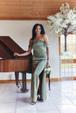 Olive Satin Bardot Ruched Maxi Dress